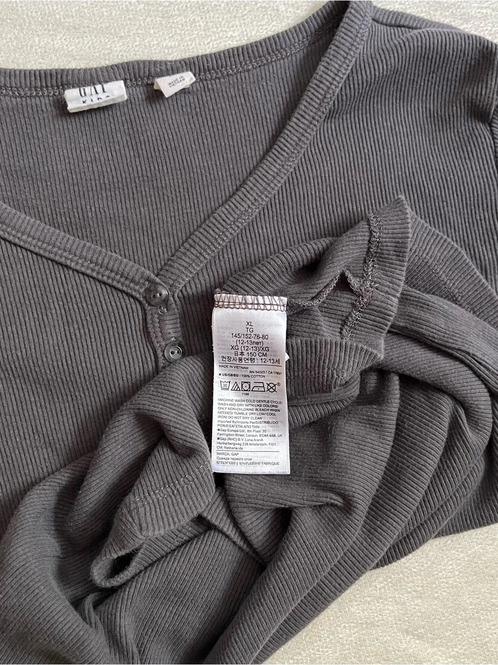 Gap Kids Dark Grey Cotton Ribbed Long-Sleeve Button Henley Top, Girls’ XL